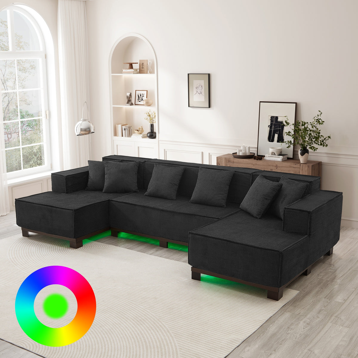 Modern U-Shaped Sectional Sofa 130" Sectional Sofa Upholstered Sofa with RGB LED Light Strip and 6 Pillows for Living Room, Black