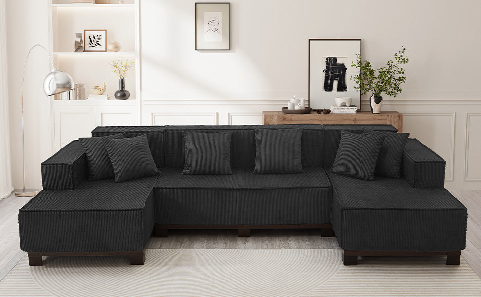 Modern U-Shaped Sectional Sofa 130" Sectional Sofa Upholstered Sofa with RGB LED Light Strip and 6 Pillows for Living Room, Black