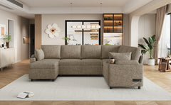 109.9" Sectional Sofa Versatile Sofa Bed Sofa Sleeper U-shaped Sofa with Ample Storage Space, Two Cup Holders and Charging Ports for Living Room, Brown