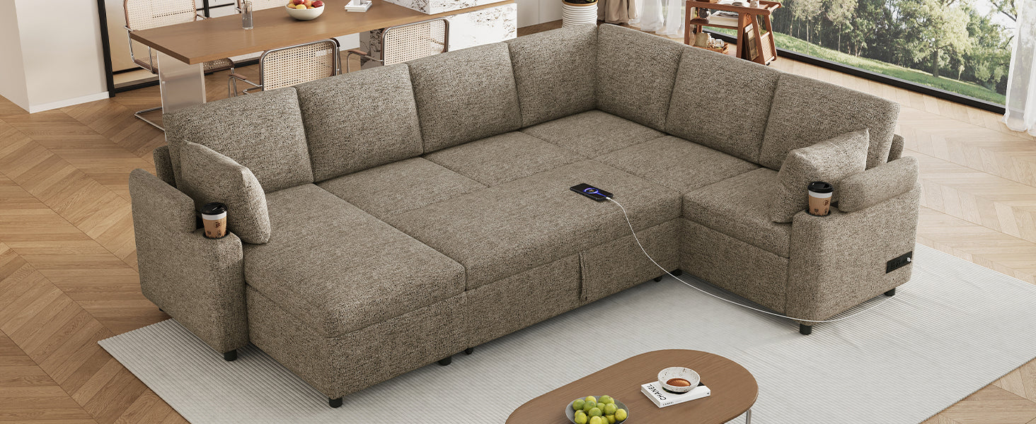 109.9" Sectional Sofa Versatile Sofa Bed Sofa Sleeper U-shaped Sofa with Ample Storage Space, Two Cup Holders and Charging Ports for Living Room, Brown