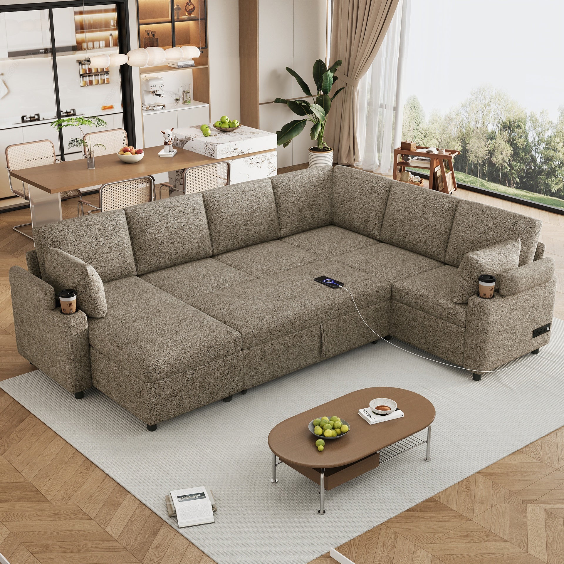 109.9" Sectional Sofa Versatile Sofa Bed Sofa Sleeper U-shaped Sofa with Ample Storage Space, Two Cup Holders and Charging Ports for Living Room, Brown