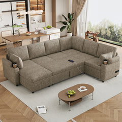 109.9" Sectional Sofa Versatile Sofa Bed Sofa Sleeper U-shaped Sofa with Ample Storage Space, Two Cup Holders and Charging Ports for Living Room, Brown