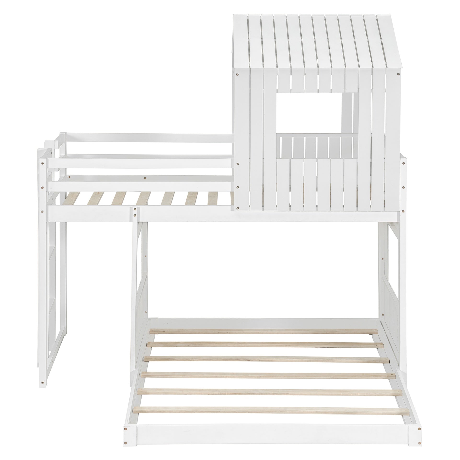 Wooden Twin Over Full Bunk Bed, Loft Bed with Playhouse, Farmhouse, Ladder and Guardrails, White