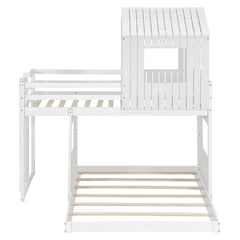 Wooden Twin Over Full Bunk Bed, Loft Bed with Playhouse, Farmhouse, Ladder and Guardrails, White