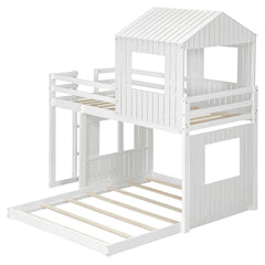 Wooden Twin Over Full Bunk Bed, Loft Bed with Playhouse, Farmhouse, Ladder and Guardrails, White