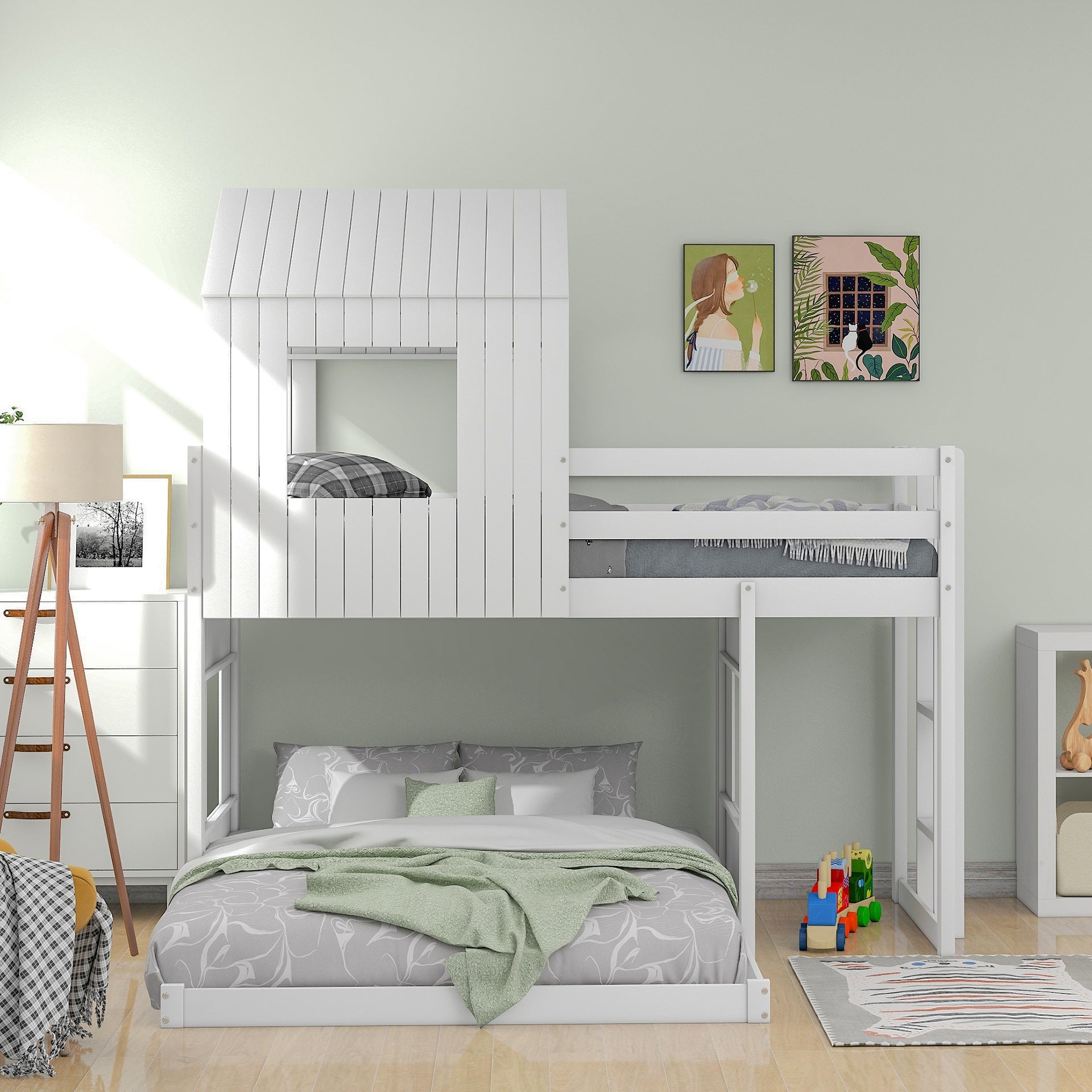 Wooden Twin Over Full Bunk Bed, Loft Bed with Playhouse, Farmhouse, Ladder and Guardrails, White