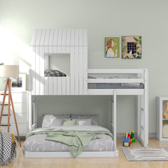 Wooden Twin Over Full Bunk Bed, Loft Bed with Playhouse, Farmhouse, Ladder and Guardrails, White