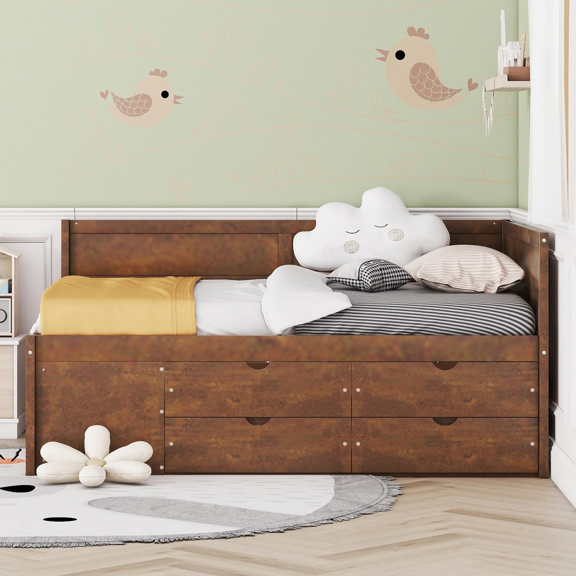 Full Size Daybed with Drawers and Shelves, Walnut