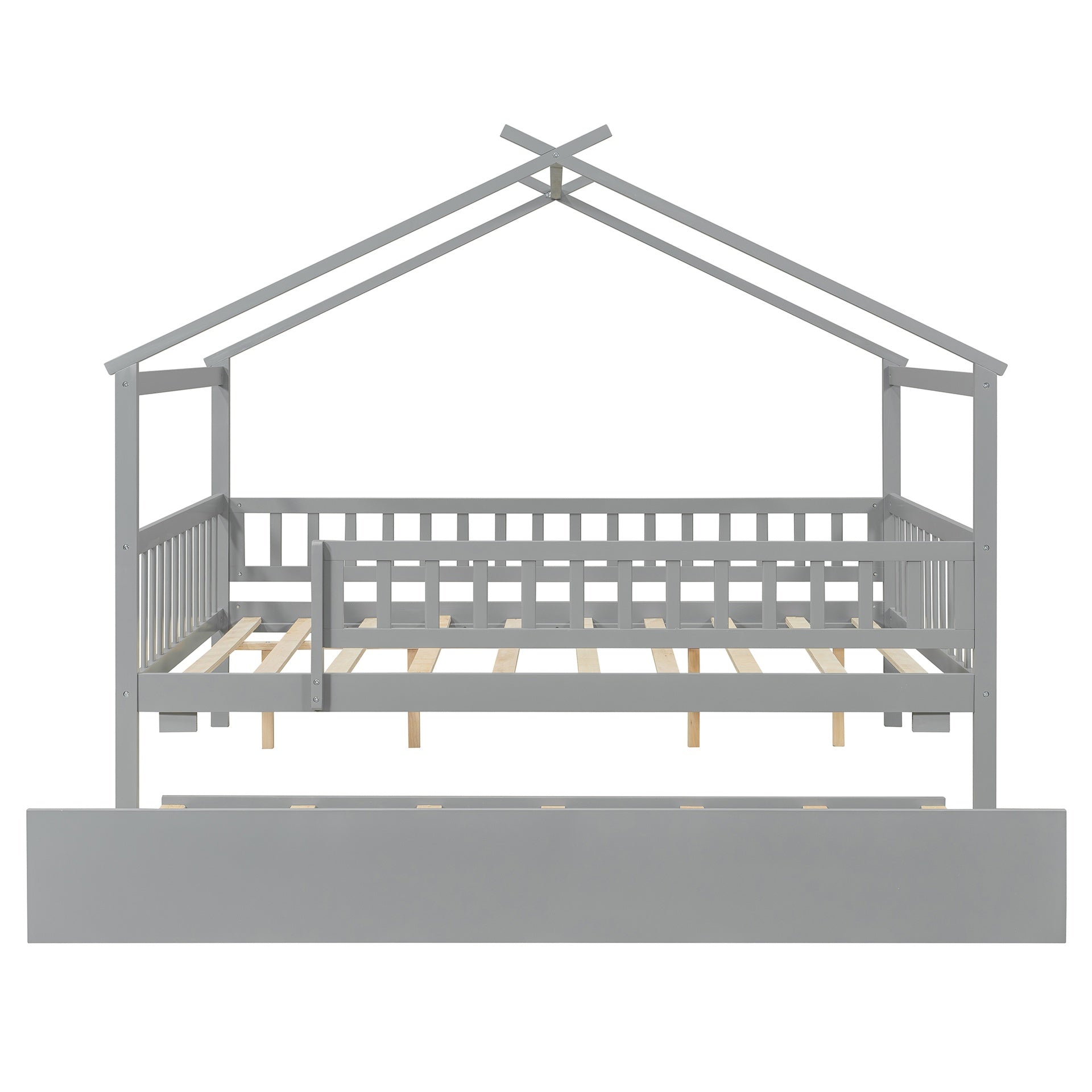 Full Size Wooden House Bed with Twin Size Trundle, Gray