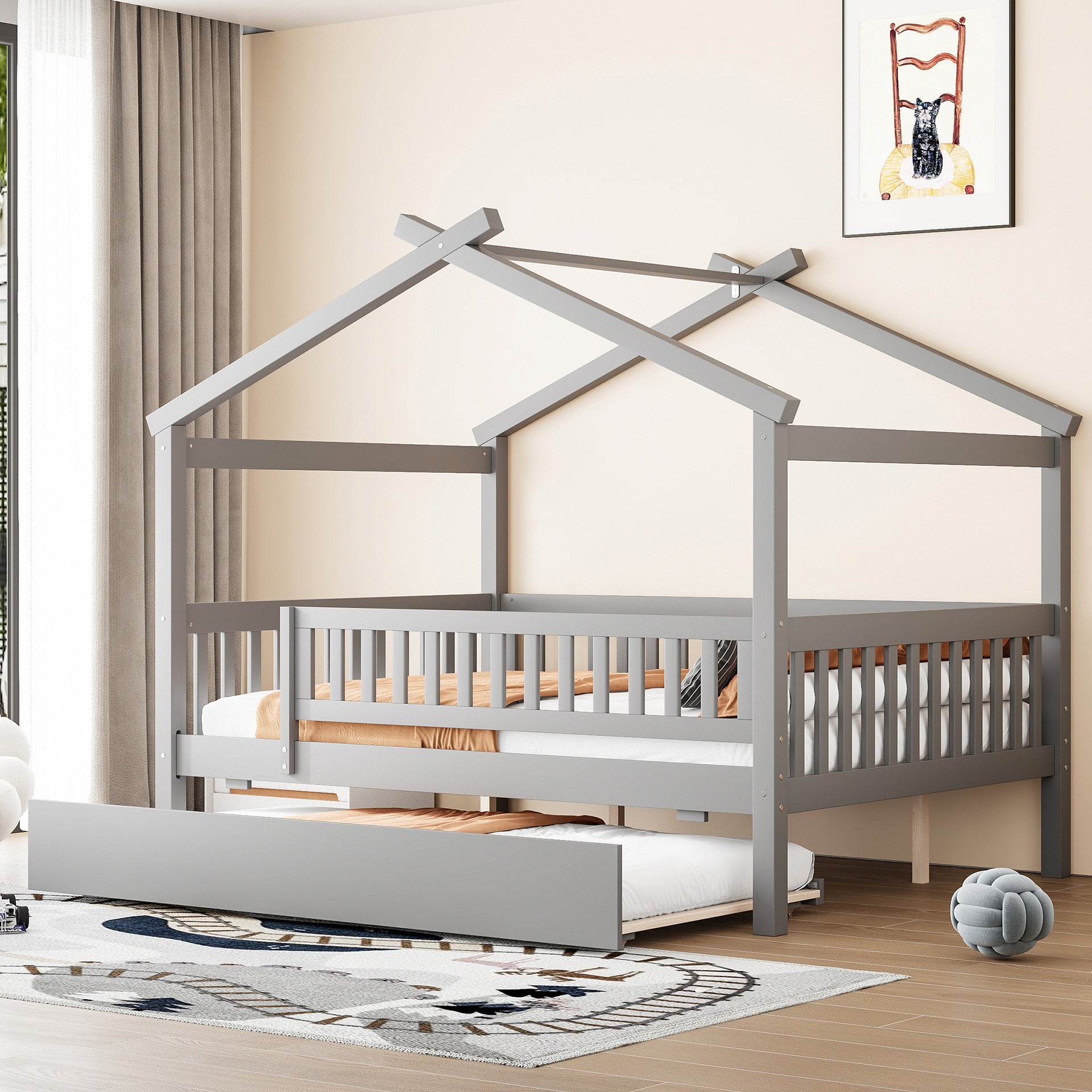 Full Size Wooden House Bed with Twin Size Trundle, Gray