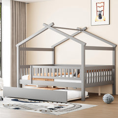 Full Size Wooden House Bed with Twin Size Trundle, Gray