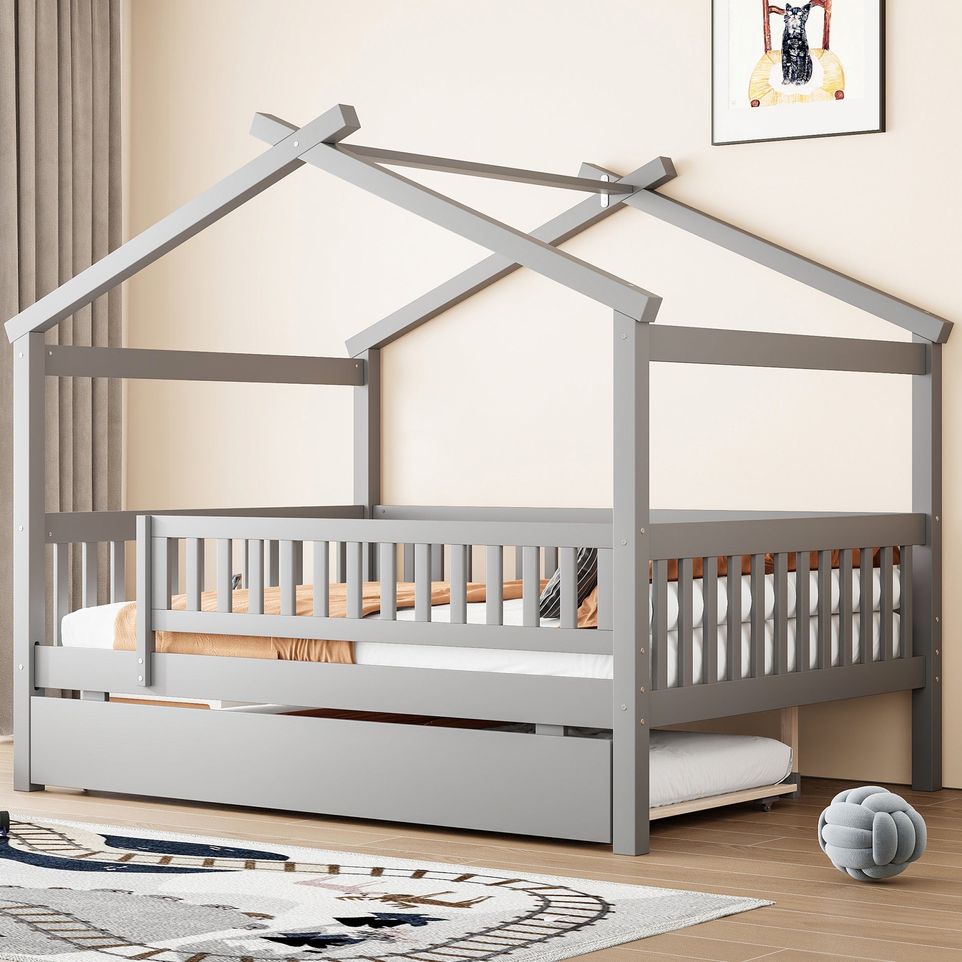 Full Size Wooden House Bed with Twin Size Trundle, Gray