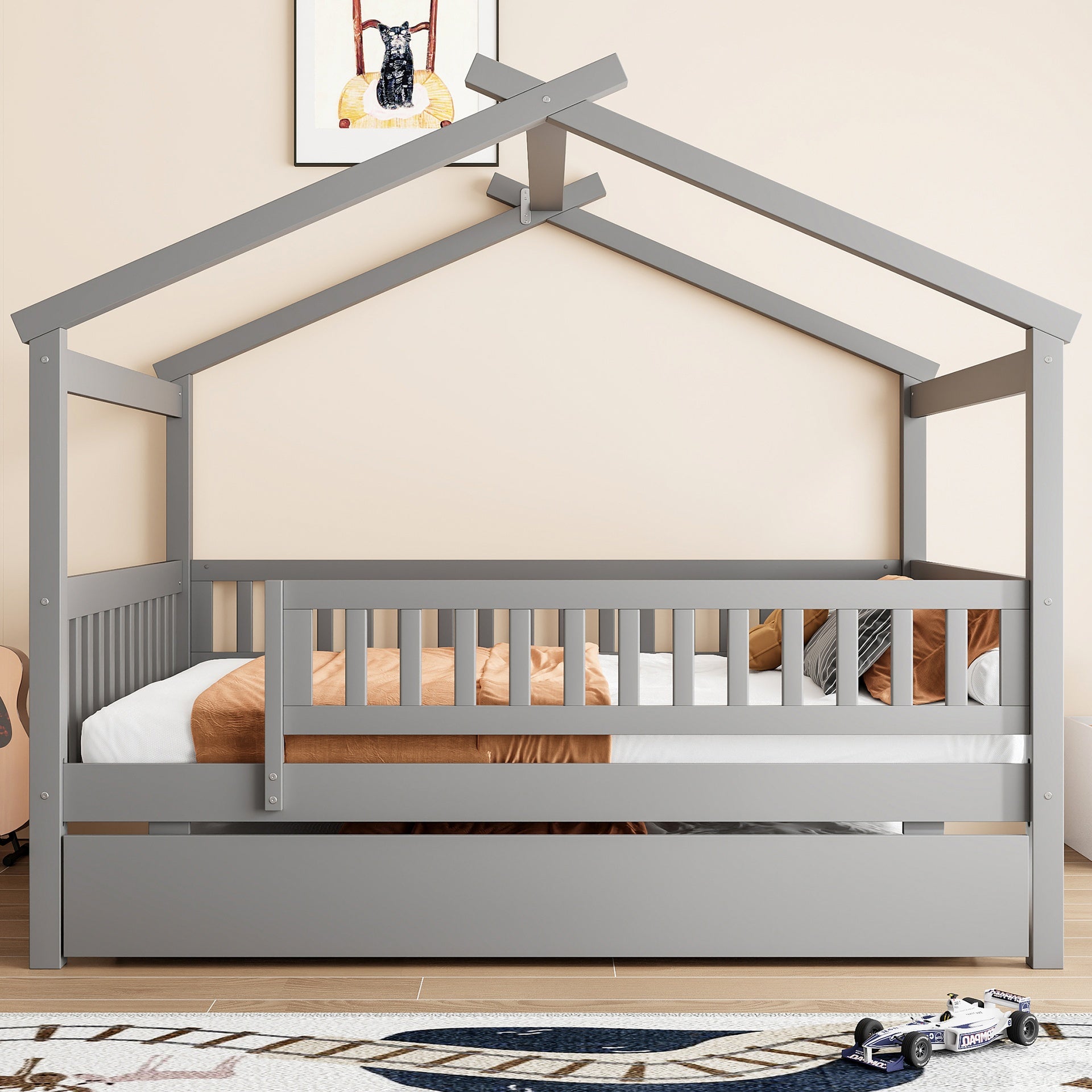 Full Size Wooden House Bed with Twin Size Trundle, Gray