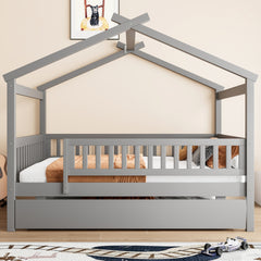 Full Size Wooden House Bed with Twin Size Trundle, Gray