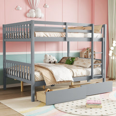 full Over full Rubber Wood Bunk Bed with 2 Drawers, Convertible into 2 full Beds, full Size Bunk Bed with Ladder and Safety Guardrails ,Grey