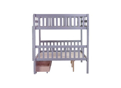 full Over full Rubber Wood Bunk Bed with 2 Drawers, Convertible into 2 full Beds, full Size Bunk Bed with Ladder and Safety Guardrails ,Grey