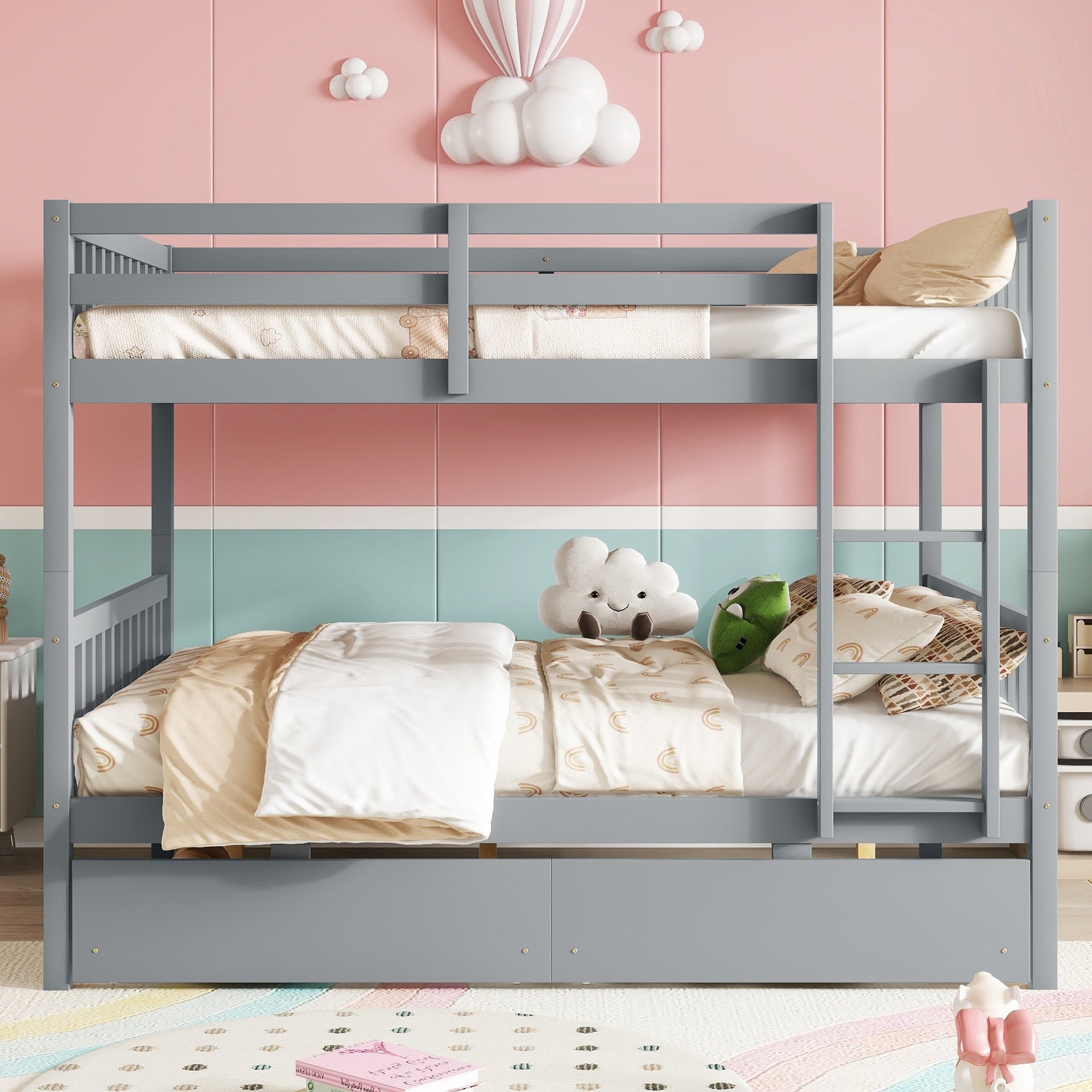 full Over full Rubber Wood Bunk Bed with 2 Drawers, Convertible into 2 full Beds, full Size Bunk Bed with Ladder and Safety Guardrails ,Grey