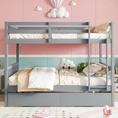 full Over full Rubber Wood Bunk Bed with 2 Drawers, Convertible into 2 full Beds, full Size Bunk Bed with Ladder and Safety Guardrails ,Grey