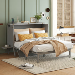 Queen Size Murphy Bed with USB Port and Removable Shelves on Each Side, Solid Pine Murphy Cabinet Bed for Home Office, Guest Room,Grey
