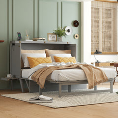 Queen Size Murphy Bed with USB Port and Removable Shelves on Each Side, Solid Pine Murphy Cabinet Bed for Home Office, Guest Room,Grey