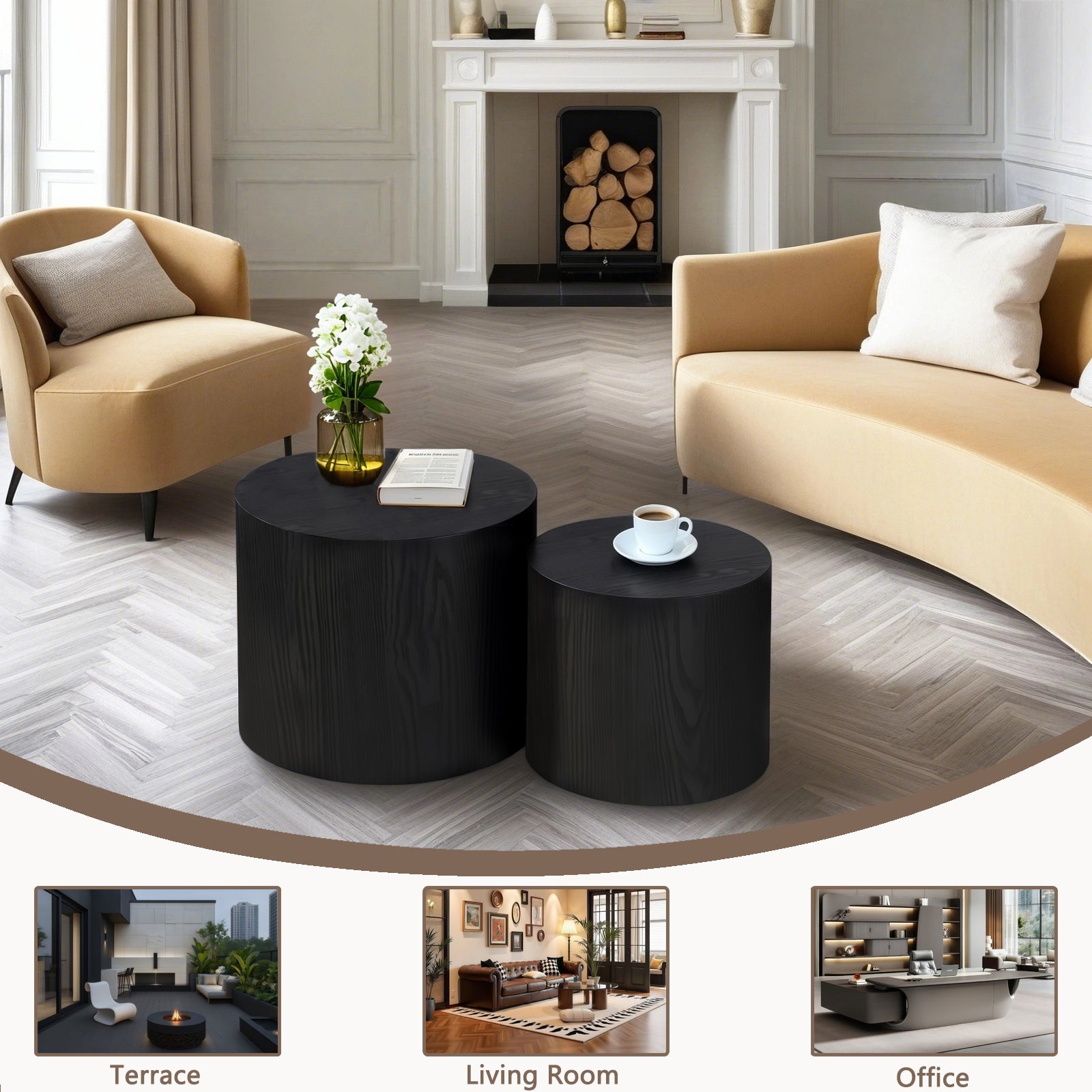 Nesting Coffee Table Set of 2, Modern Round Coffee Table with Non-Slip Feet, Wood Side Table for Living Room, Bedroom, Office, Balcony, Terrace,Small Space, No Assembling, Matte Black