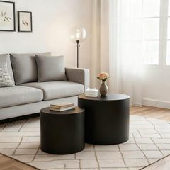 Nesting Coffee Table Set of 2, Modern Round Coffee Table with Non-Slip Feet, Wood Side Table for Living Room, Bedroom, Office, Balcony, Terrace,Small Space, No Assembling, Matte Black