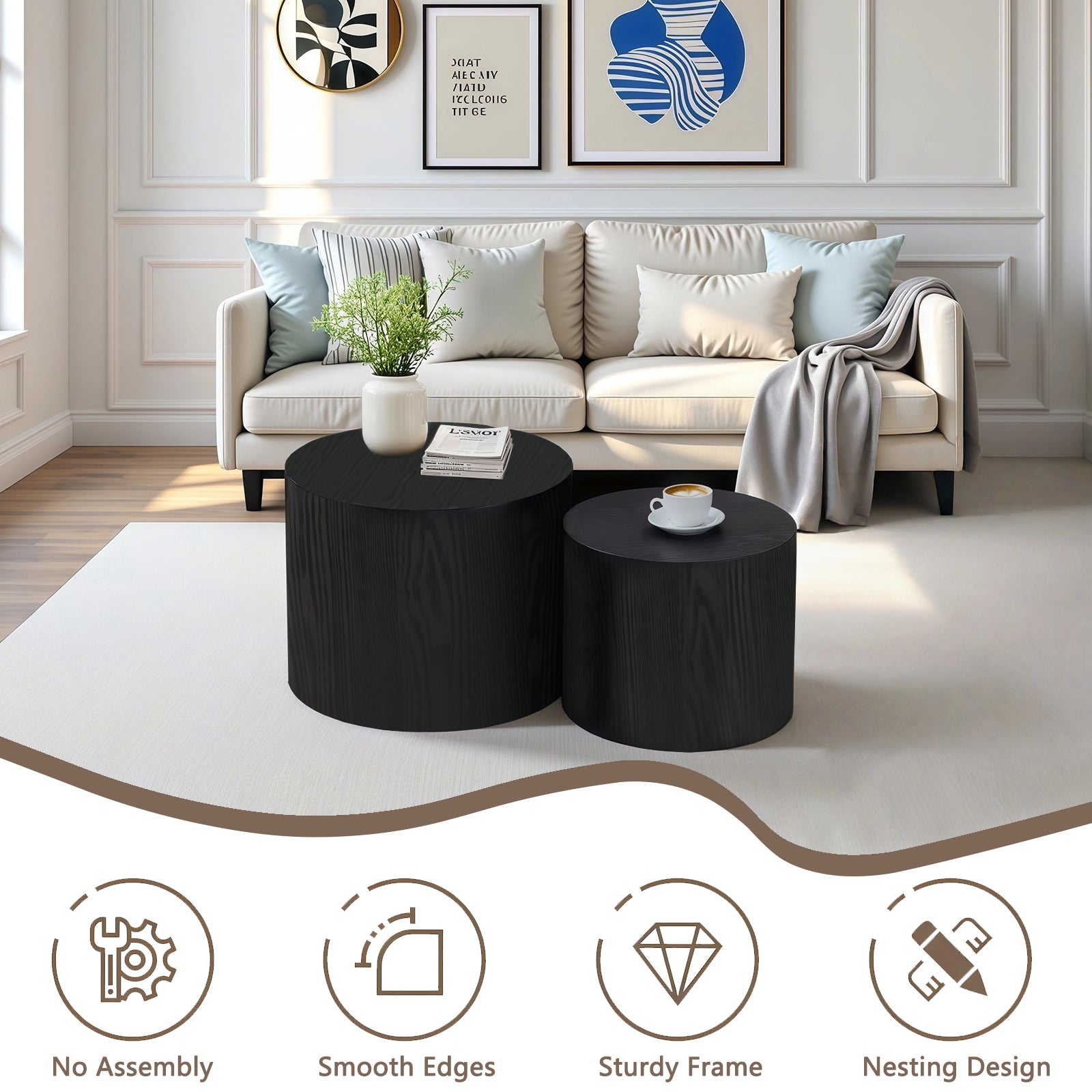 Nesting Coffee Table Set of 2, Modern Round Coffee Table with Non-Slip Feet, Wood Side Table for Living Room, Bedroom, Office, Balcony, Terrace,Small Space, No Assembling, Matte Black