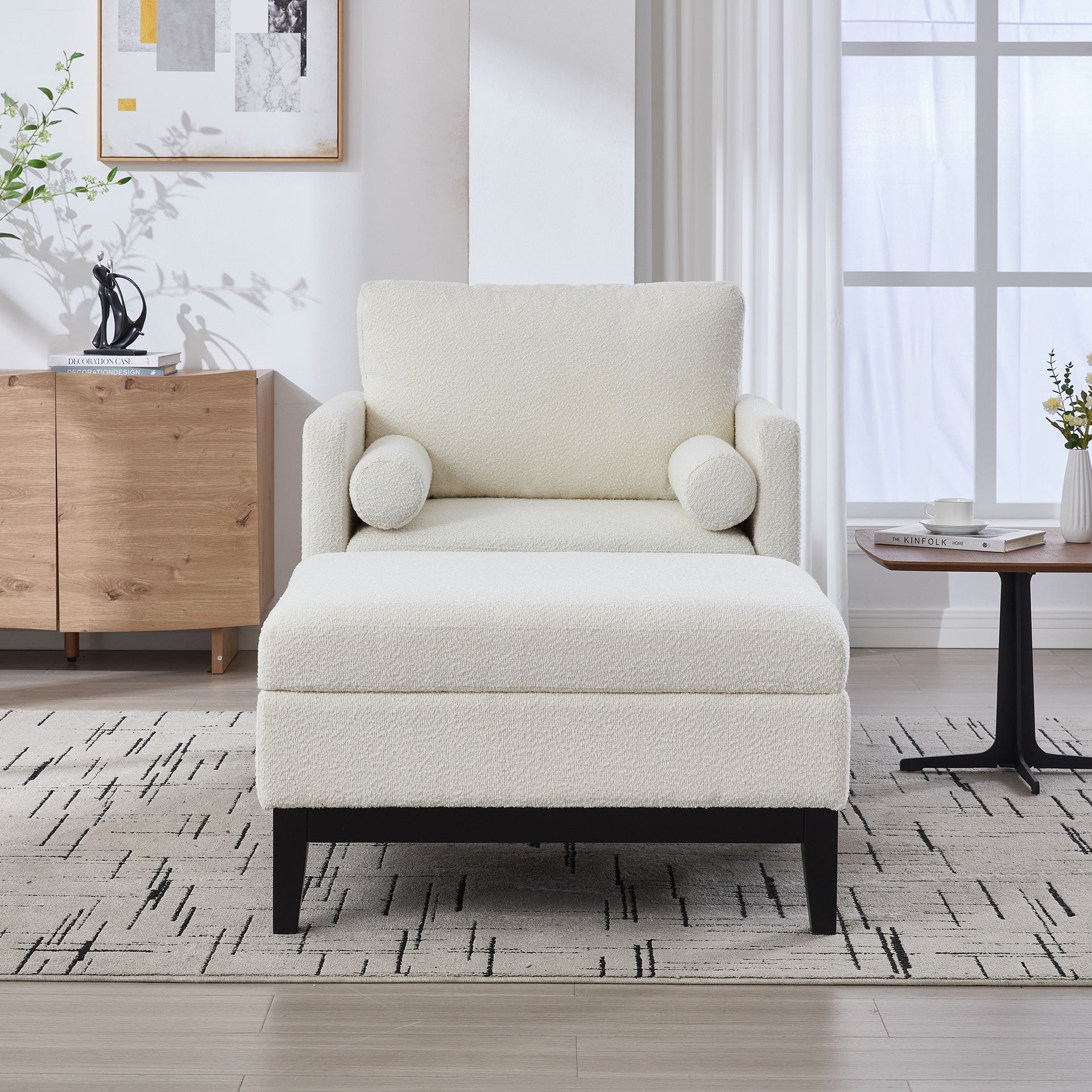 35.4 "Wide Farmhouse Performance Upholstered Wood Base Square Accent Arm Chair with Ottoman Black Finish Legs with Reversible Lid Coffee Table for Living Room Office and Lounge, Ivory Boucle.