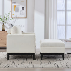 35.4 "Wide Farmhouse Performance Upholstered Wood Base Square Accent Arm Chair with Ottoman Black Finish Legs with Reversible Lid Coffee Table for Living Room Office and Lounge, Ivory Boucle.