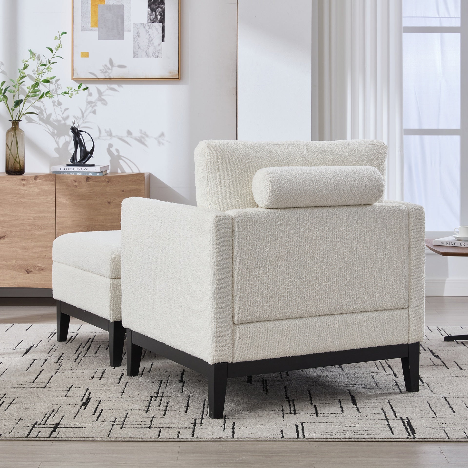 35.4 "Wide Farmhouse Performance Upholstered Wood Base Square Accent Arm Chair with Ottoman Black Finish Legs with Reversible Lid Coffee Table for Living Room Office and Lounge, Ivory Boucle.
