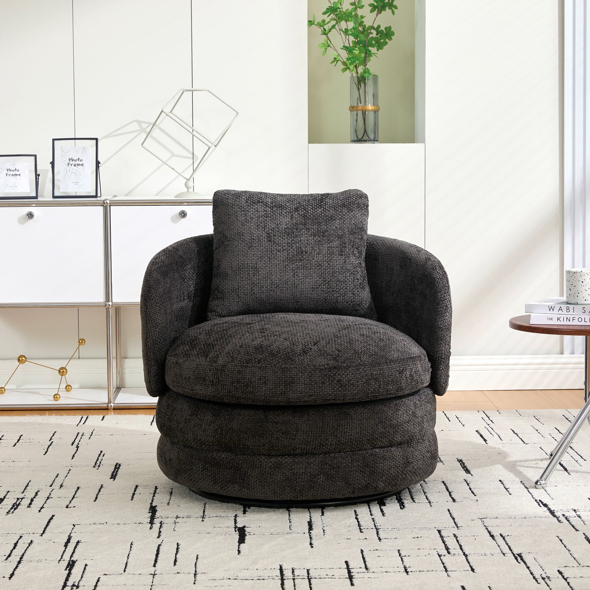 30"W Modern Round 360° Swivel Barrel Accent Chair with Pillow, Chenille Upholstered Comfy Barrel Armchair Single Club Sofa Chair for Living Room,Bedroom, Reading Room, Balcony, Lounge, Dark Gray