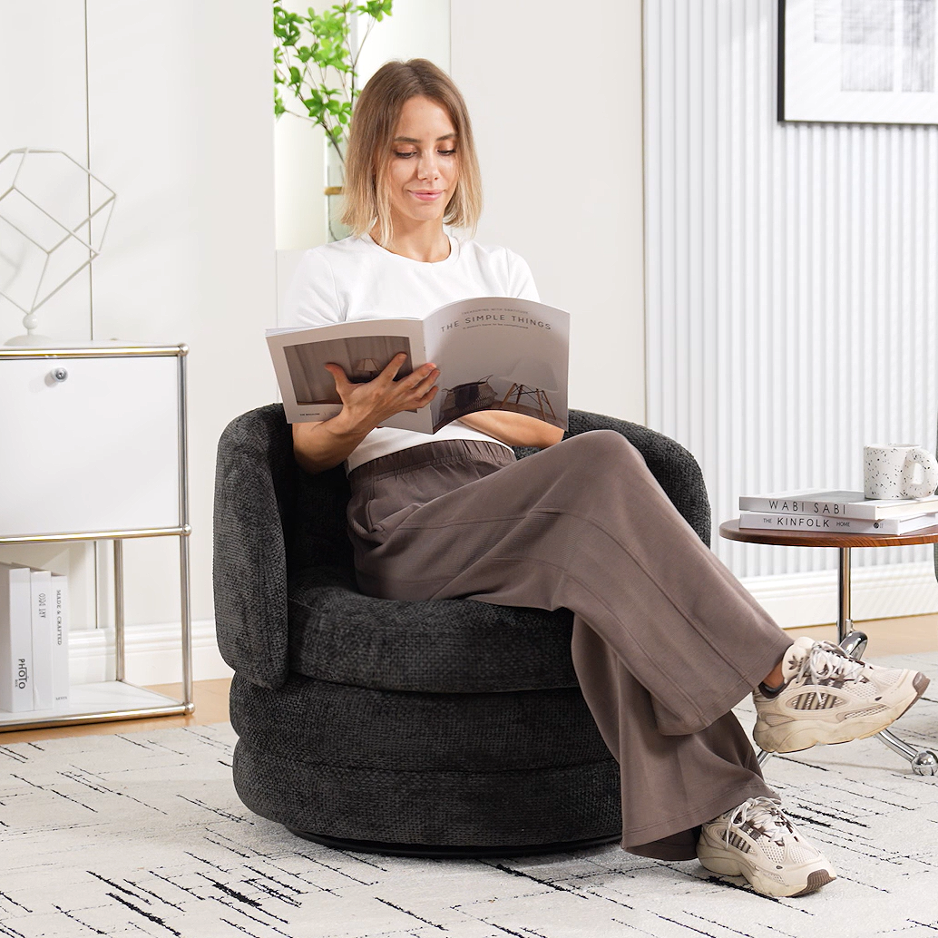 30"W Modern Round 360° Swivel Barrel Accent Chair with Pillow, Chenille Upholstered Comfy Barrel Armchair Single Club Sofa Chair for Living Room,Bedroom, Reading Room, Balcony, Lounge, Dark Gray
