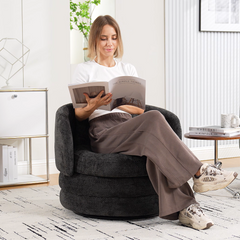 30"W Modern Round 360° Swivel Barrel Accent Chair with Pillow, Chenille Upholstered Comfy Barrel Armchair Single Club Sofa Chair for Living Room,Bedroom, Reading Room, Balcony, Lounge, Dark Gray