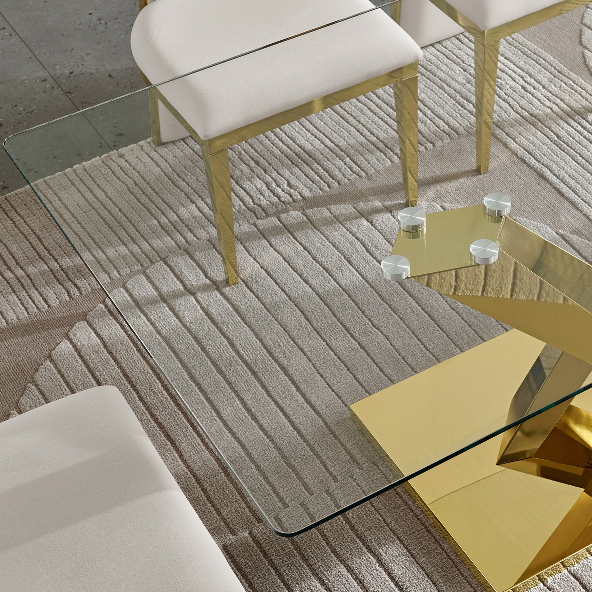 70" Modern Glass Dining Table, Luxury Gold Stainless Steel Base Dining Table, Rectangular Clear Tempered Glass Top Kitchen Table, Contemporary Dining Room Furniture