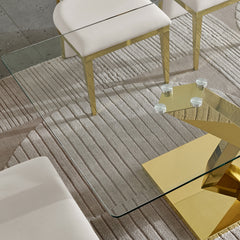 70" Modern Glass Dining Table, Luxury Gold Stainless Steel Base Dining Table, Rectangular Clear Tempered Glass Top Kitchen Table, Contemporary Dining Room Furniture