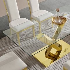 70" Modern Glass Dining Table, Luxury Gold Stainless Steel Base Dining Table, Rectangular Clear Tempered Glass Top Kitchen Table, Contemporary Dining Room Furniture