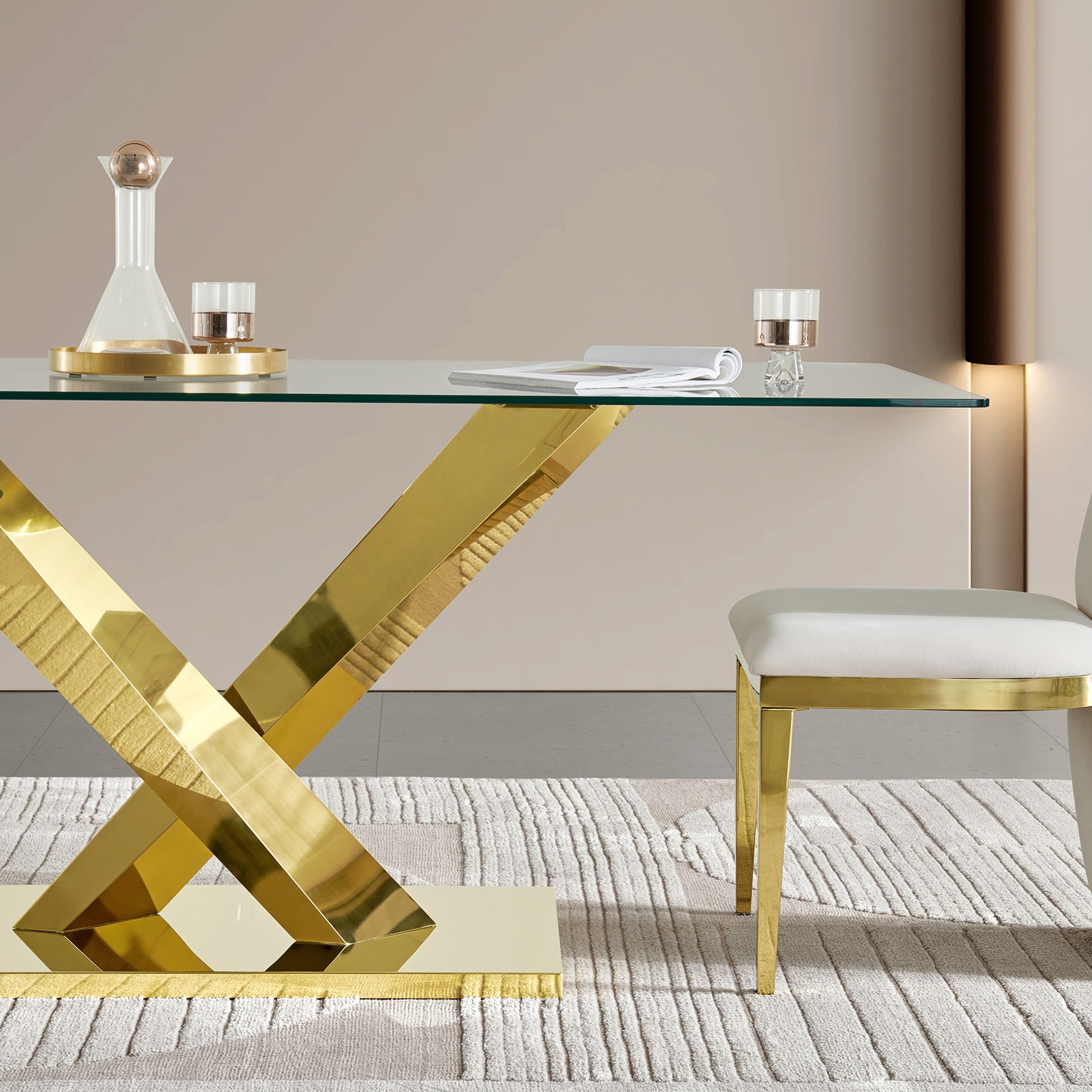70" Modern Glass Dining Table, Luxury Gold Stainless Steel Base Dining Table, Rectangular Clear Tempered Glass Top Kitchen Table, Contemporary Dining Room Furniture