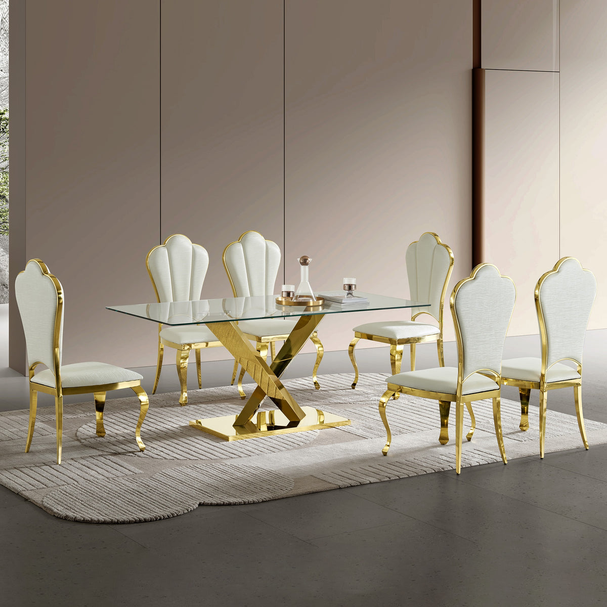 70" Modern Glass Dining Table, Luxury Gold Stainless Steel Base Dining Table, Rectangular Clear Tempered Glass Top Kitchen Table, Contemporary Dining Room Furniture