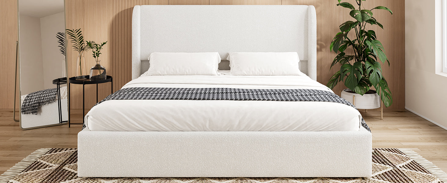 King Size Boucle Bed Frame, Upholstered Cloud Bed Frame with Headboard, Metal Legs and Slats, No Box Spring Needed, WhiteKing