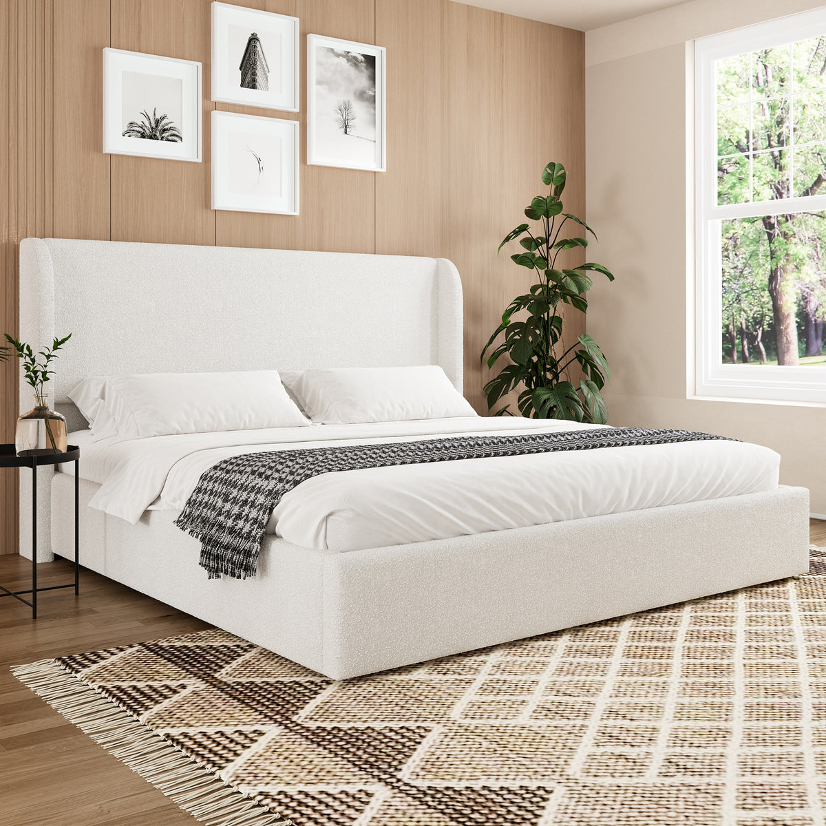 Queen Size Boucle Bed Frame, Upholstered Cloud Bed Frame with Headboard, Solid Wood Legs and Slats, No Box Spring Needed, White