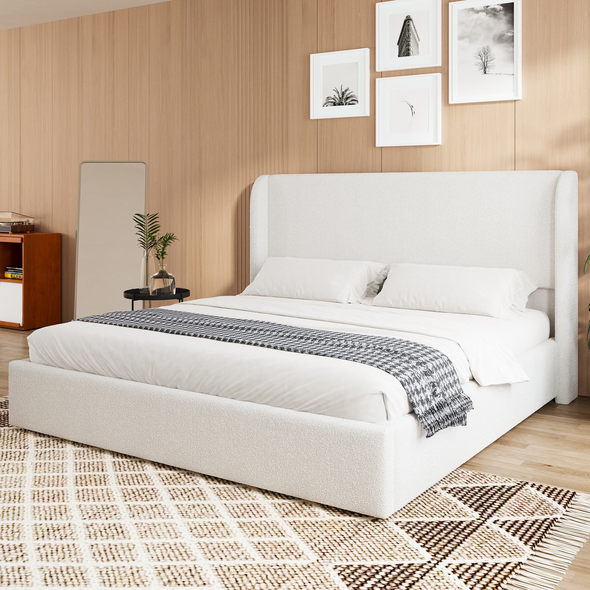 Queen Size Boucle Bed Frame, Upholstered Cloud Bed Frame with Headboard, Solid Wood Legs and Slats, No Box Spring Needed, White