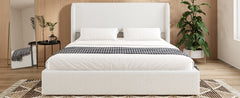 Queen Size Boucle Bed Frame, Upholstered Cloud Bed Frame with Headboard, Solid Wood Legs and Slats, No Box Spring Needed, White