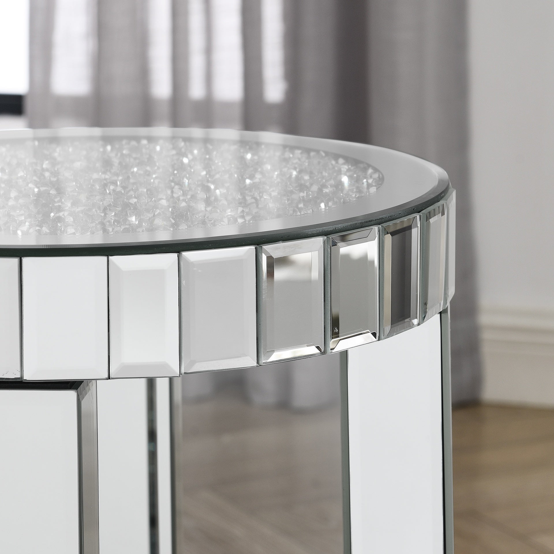 Mirror round table with crystal inlay, 2-layer modern small sofa table with storage space, silver decorative table suitable for living room, bedroom, coffee and small spaces