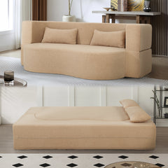 2-in-1 Convertible Sofa Bed, Full Size Folding Loveseat Couch with Soft Teddy Fabric, No Assembly Needed, Floor Sofa Mattress with 2 Pillows, Space-Saving Futon for Small Living Room, Dorm, RV,Apricot