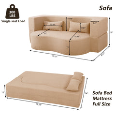 2-in-1 Convertible Sofa Bed, Full Size Folding Loveseat Couch with Soft Teddy Fabric, No Assembly Needed, Floor Sofa Mattress with 2 Pillows, Space-Saving Futon for Small Living Room, Dorm, RV,Apricot