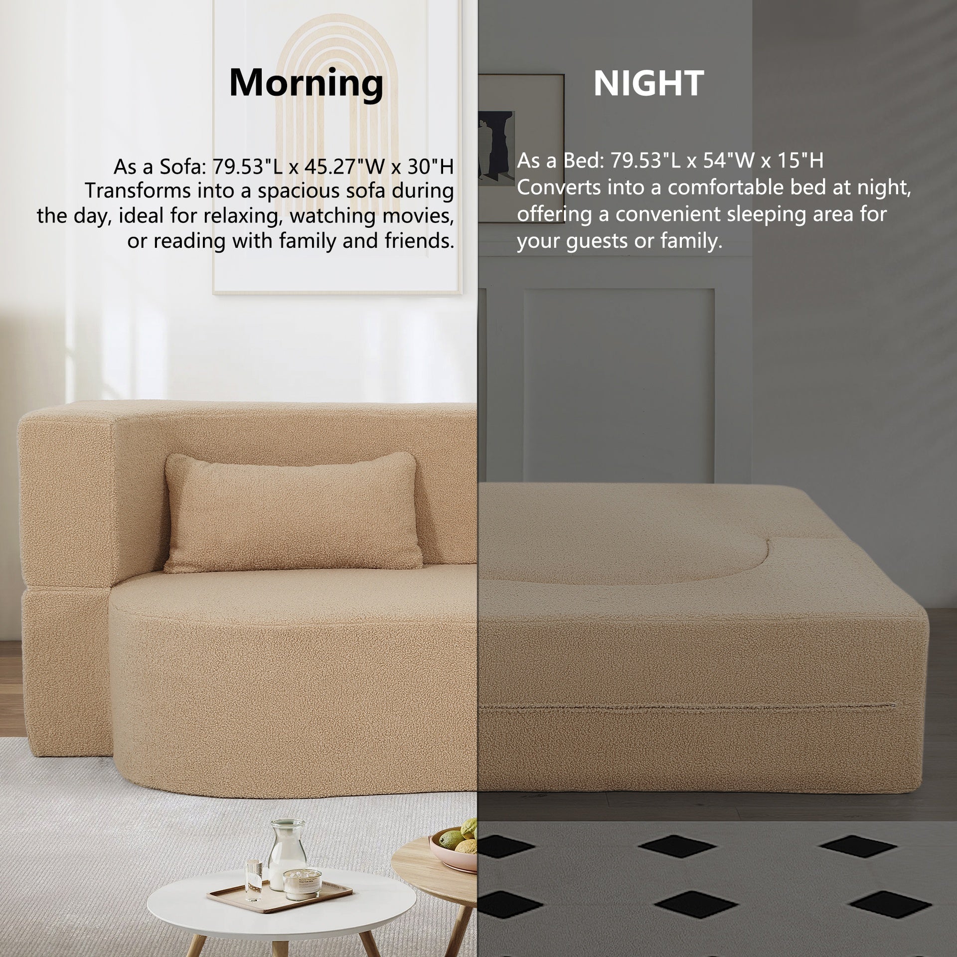 2-in-1 Convertible Sofa Bed, Full Size Folding Loveseat Couch with Soft Teddy Fabric, No Assembly Needed, Floor Sofa Mattress with 2 Pillows, Space-Saving Futon for Small Living Room, Dorm, RV,Apricot