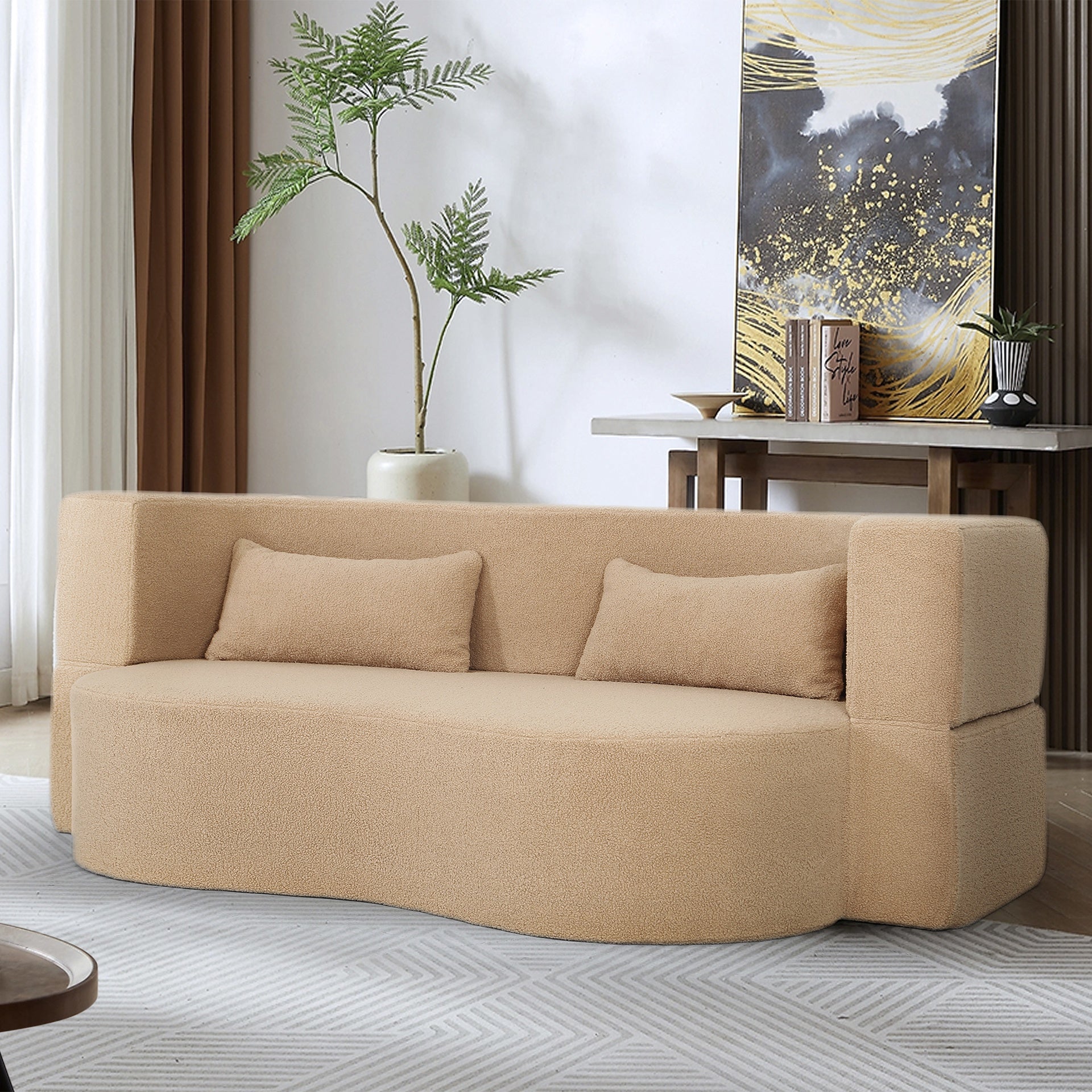 2-in-1 Convertible Sofa Bed, Full Size Folding Loveseat Couch with Soft Teddy Fabric, No Assembly Needed, Floor Sofa Mattress with 2 Pillows, Space-Saving Futon for Small Living Room, Dorm, RV,Apricot