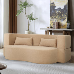 2-in-1 Convertible Sofa Bed, Full Size Folding Loveseat Couch with Soft Teddy Fabric, No Assembly Needed, Floor Sofa Mattress with 2 Pillows, Space-Saving Futon for Small Living Room, Dorm, RV,Apricot