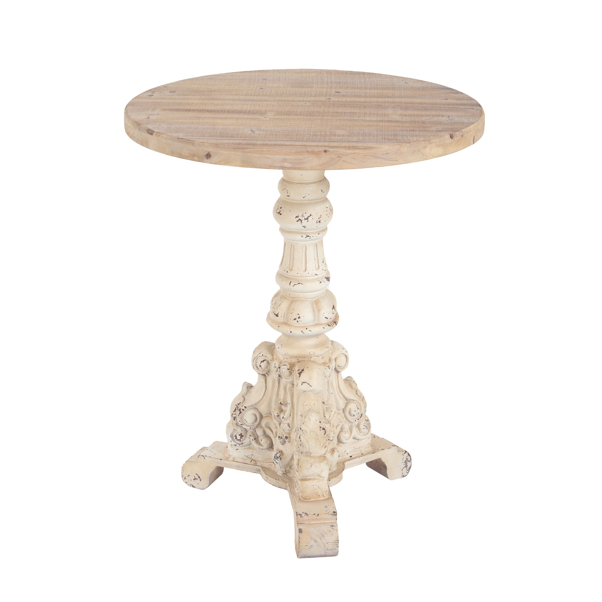 Accent Coffee Table, Antique Pedestal Table, Solid Wood Top with MGO Base for Living Room, Natural+Antique White