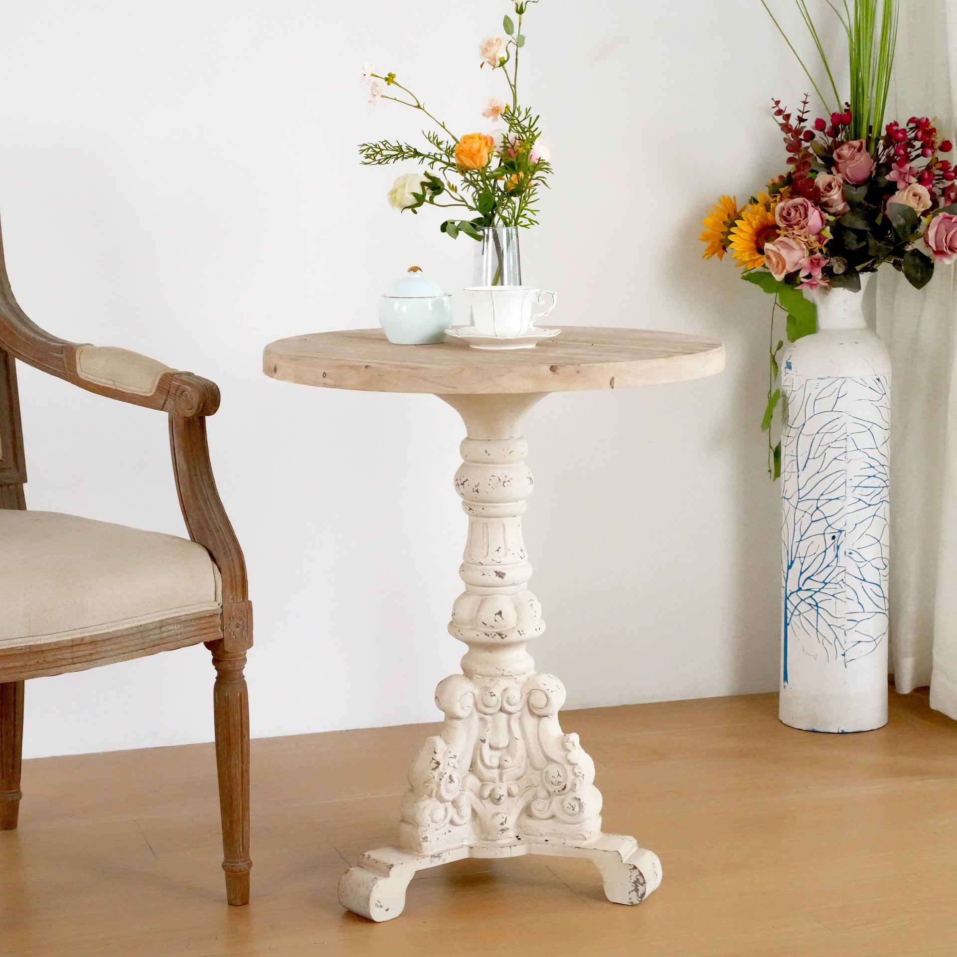 Accent Coffee Table, Antique Pedestal Table, Solid Wood Top with MGO Base for Living Room, Natural+Antique White